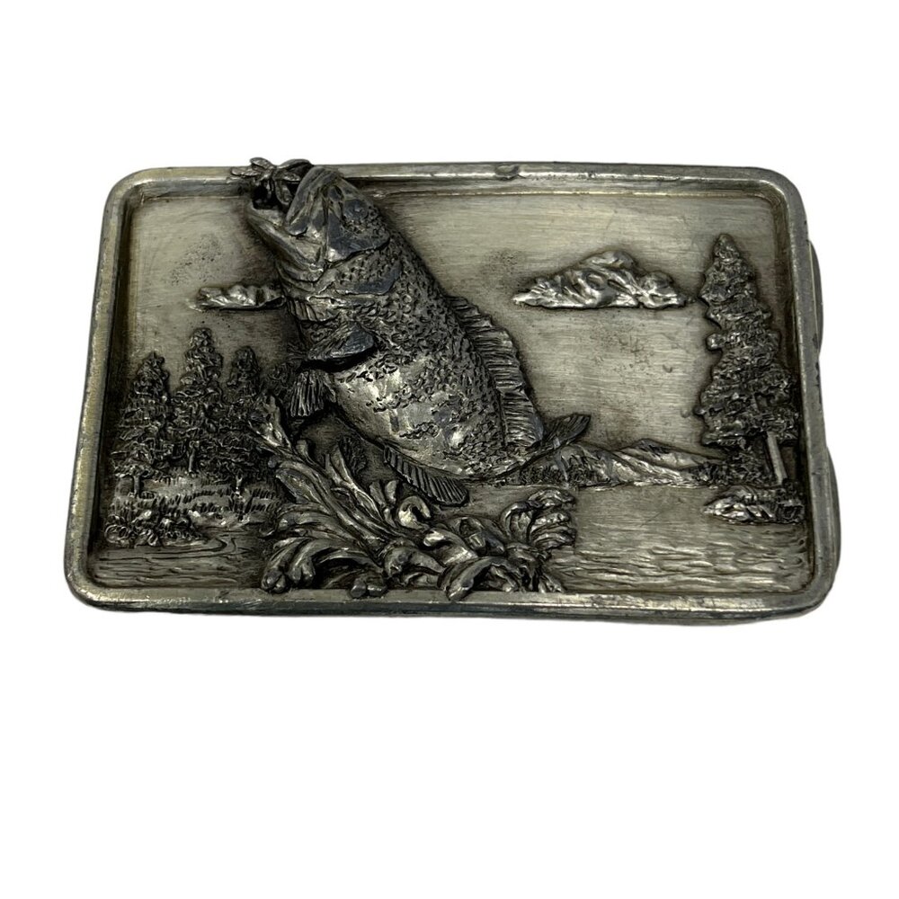Bergamot Brass Works Belt Buckle‎ Leaping Bass Fishing Trees Vintage 1984